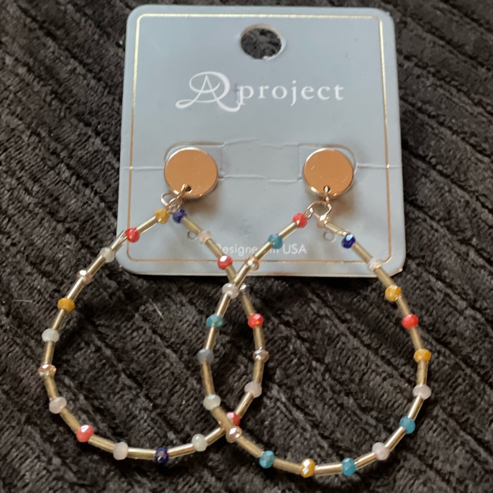 Gold Hoop Earrings with Multi Colored Beads - Picture 9 of 9